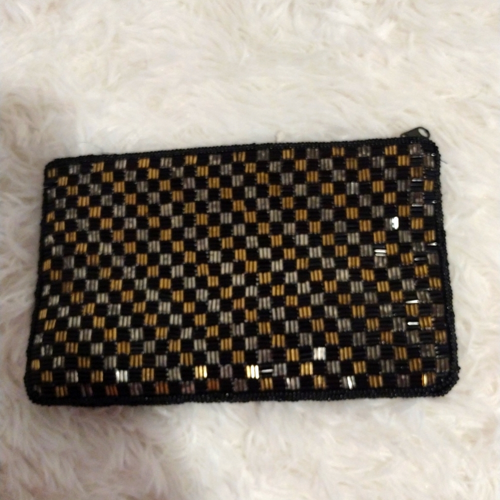 Vintage beaded black, gold and silver clutch purse